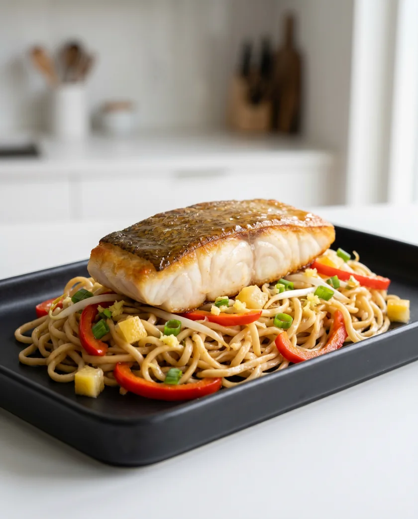 Cabillaud poêlé et ramen crevettes