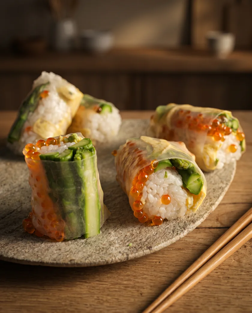 Maki asperge, omelette et œufs de saumon