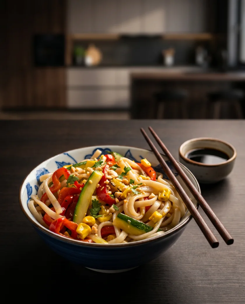 Wok de nouilles udon aux légumes et sauce soja bio
